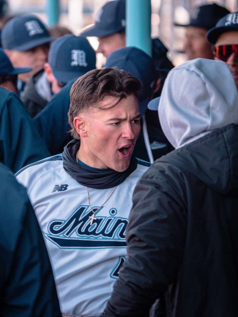 Nic Pepe fired up in the Maine dugout with teammates